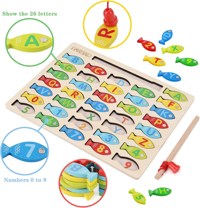 Magnetic Wooden Fishing Game Toy, Alphabet & Number Learning for Kids 3–5