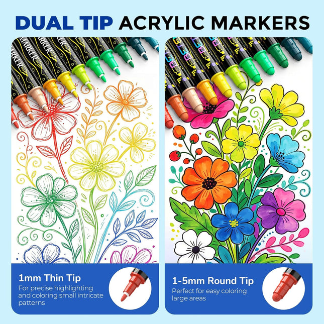 24 Colors Dual Tip Acrylic Paint Markers Water Based Fabric Rock Wood Glass