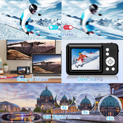 Compact Kids Camera 1080P FHD 48MP 16X Zoom Anti-Shake 32GB Card