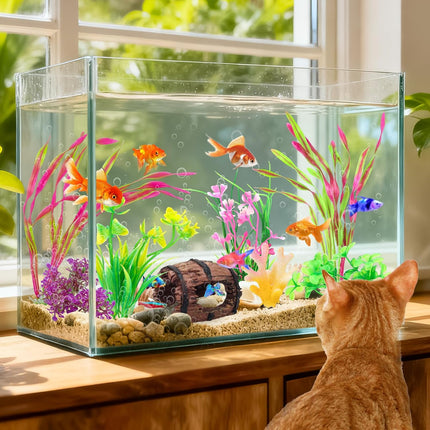 8 Piece Aquarium Decorations Set Broken Barrel Coral and Artificial Plants for Fish Tanks