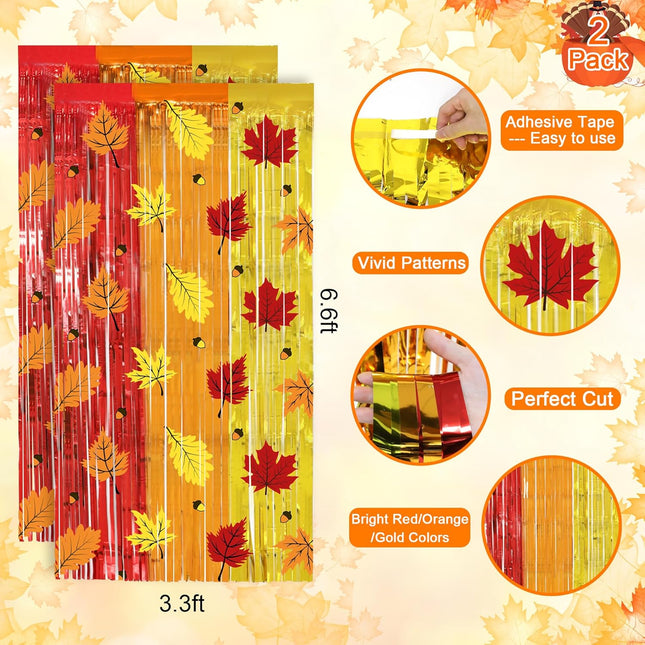 Fall Autumn Harvest Curtains 2 Pack Maple Leaf Pinecone Foil Fringe 3.3x6.6 Ft Backdrop