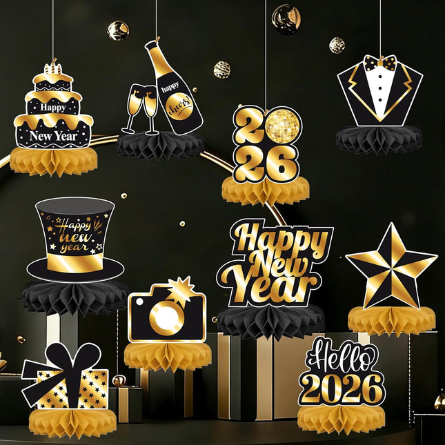 Happy New Year 2026 Table Toppers – Black & Gold Honeycomb Centerpieces
