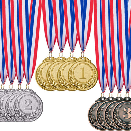 12 Piece Olympic Style Winner Medals Gold Silver Bronze Awards with Neck Ribbons 2 Inch
