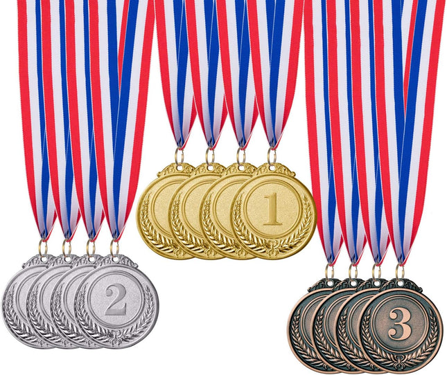 12 Piece Olympic Style Winner Medals Gold Silver Bronze Awards with Neck Ribbons 2 Inch