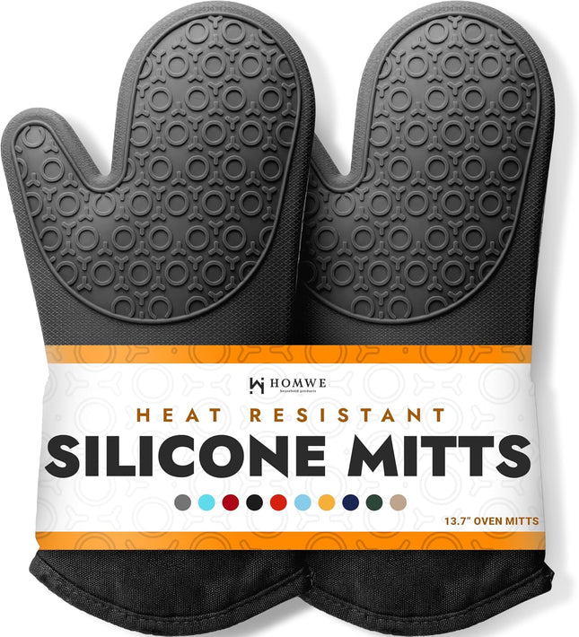 Ultra Heat Resistant Silicone Oven Mitts – 13.7", Cotton Lined, Black