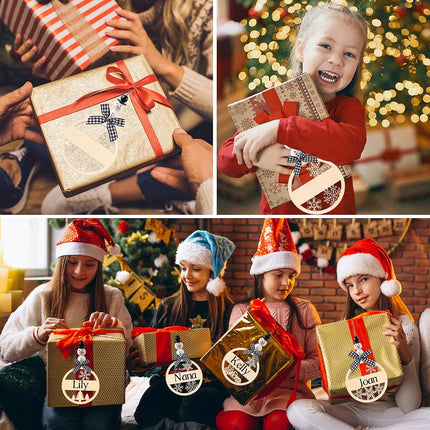12PCS Christmas Hanging Wooden Name Tags – Snowman, Wooden Beads & Hollow Snowflake with Bows
