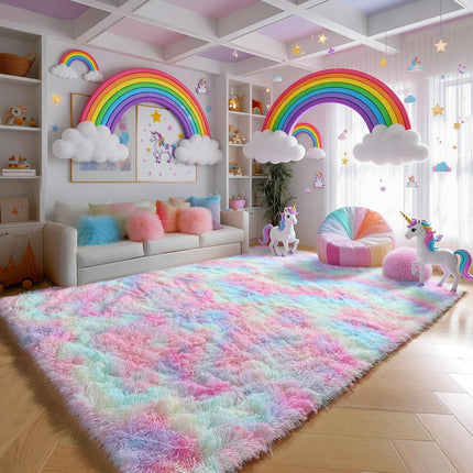 Rainbow Shaggy Rug 4x6 – Plush Fuzzy Carpet for Kids, Nursery & Toddler Room