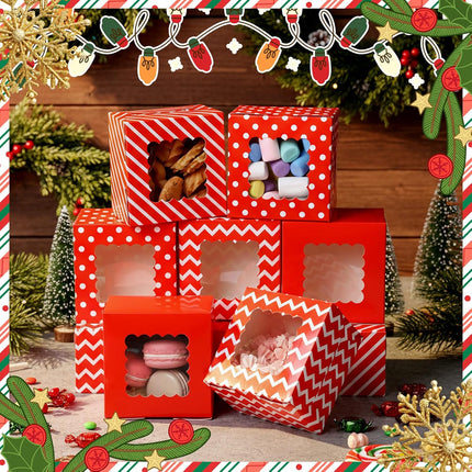 24PCS Holiday Cookie Boxes – Small Red & White Boxes with Window for Gifts & Desserts