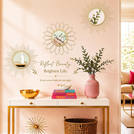 3 Pack Metal Wall Mirrors, Gold Sunburst & Flower Design, Decorative Home Art