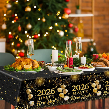 New Year 2026 Tablecloth Black Gold Plastic Party Supplies Home Kitchen