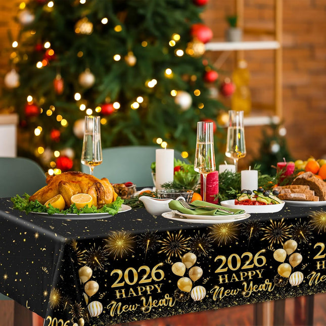New Year 2026 Tablecloth Black Gold Plastic Party Supplies Home Kitchen