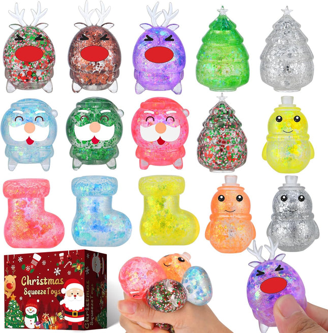15-Pack Christmas Stress Ball Fidget Toys – Glitter Squishy Squeeze Balls for Stress Relief