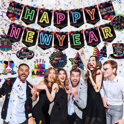 Happy New Year 2026 Decorations – Colorful Banner & Hanging Swirls Party Set
