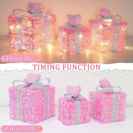 3-Pack Lighted Christmas Gift Boxes – Timer & 8 Modes, Pink Hearts with Silver Glitter Bow