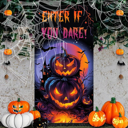 36x71in Halloween Pumpkin Door Cover Banner, Purple Scary Party Wall Window Decor