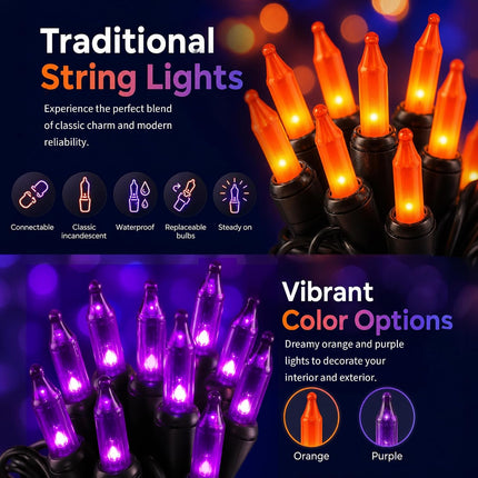 Purple & Orange Halloween String Lights, 20FT 100-Count Waterproof Mini Lights