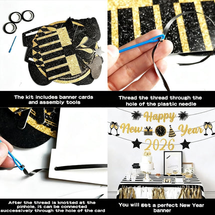 Happy New Year 2026 Glitter Banner – Gold & Black NYE Party Decor