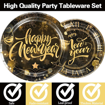 51 PCS New Year 2026 Dinnerware Set Black Gold Plates Napkins Forks Tablecloth