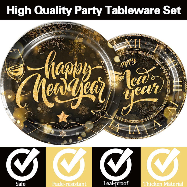 51 PCS New Year 2026 Dinnerware Set Black Gold Plates Napkins Forks Tablecloth