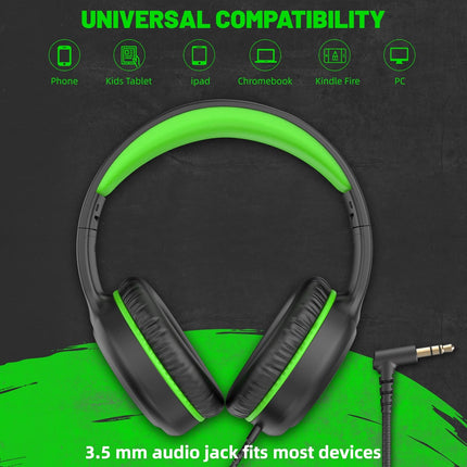Green Wired On Ear Headphones for Kids School Travel Laptop Tablet Lightweight