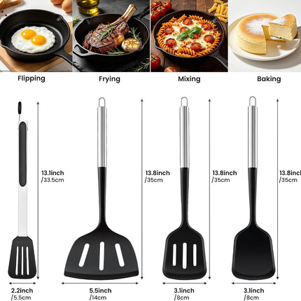 4PCS Silicone BBQ Spatula Set, 12" Grill Tongs, Pancake, Steak & Burger Tools