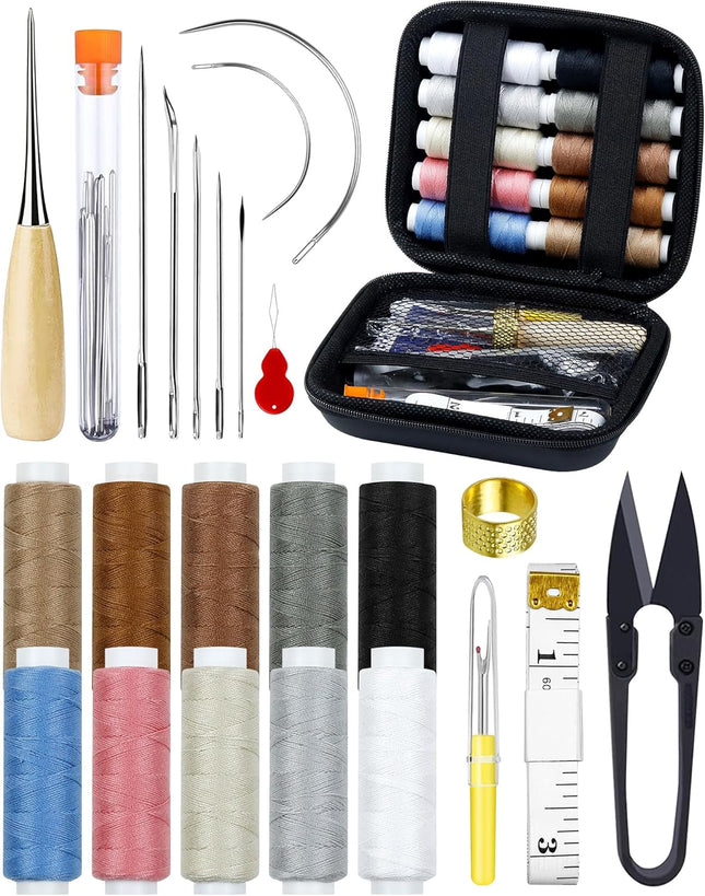 47Pc Upholstery Repair Kit Heavy Duty Sewing Awl Seam Ripper Thread 10 Colors