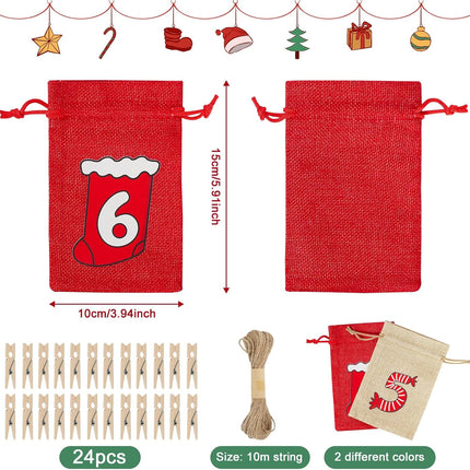 24PCS Christmas Advent Calendar Bags – Burlap Countdown Set with Drawstring & Clips