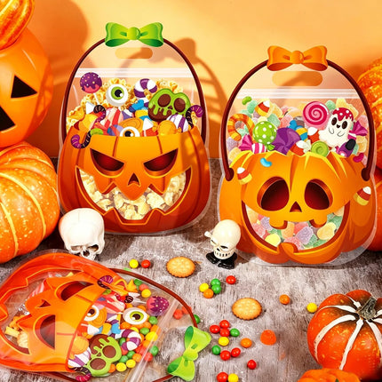 50-Piece Halloween Treat Bags, Pumpkin Cauldron Resealable Candy Bags with Handles