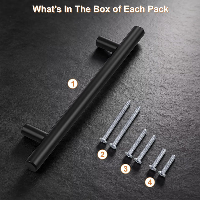 5 Pack Flat Black Cabinet Pulls – 5 Inch Hole Centers, Stainless Steel Handles