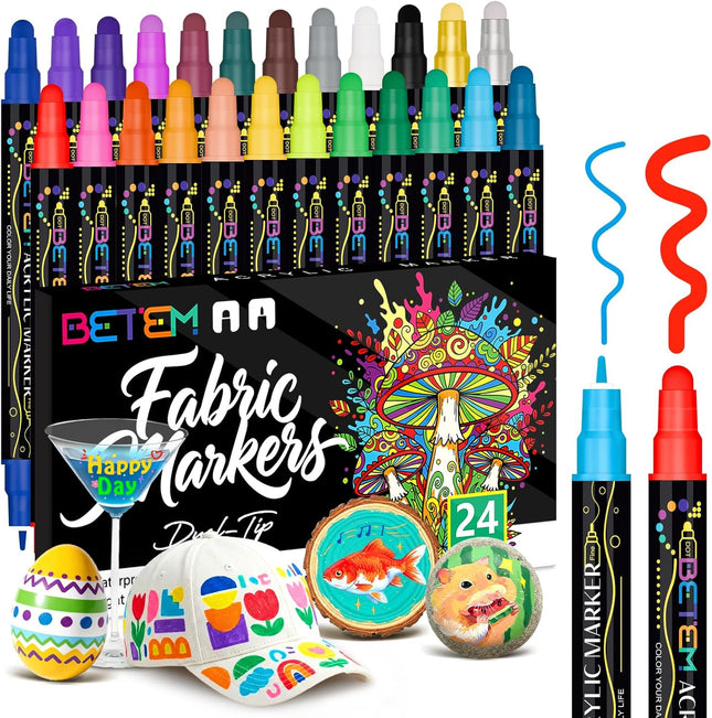 24 Colors Dual Tip Acrylic Paint Markers Water Based Fabric Rock Wood Glass