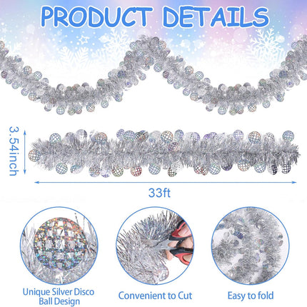 Christmas Silver Tinsel Garland 33FT – Shiny Hanging Disco Party Decor
