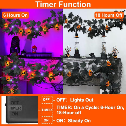 2-Pack 13FT Halloween Maple Leaf Garland, 40 LED Pumpkin Lights, Timer, Mantel Decor