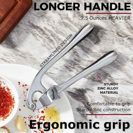 Premium Garlic Press Set – Heavy Duty Mincer with Peeler & Brush, Gloss Silver