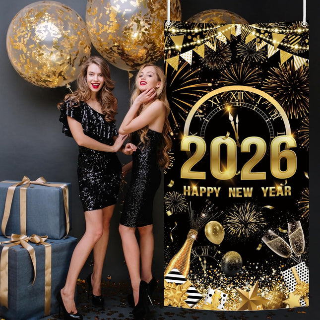 Happy New Year 2026 Door Banner Black Gold Fireworks Party Decoration
