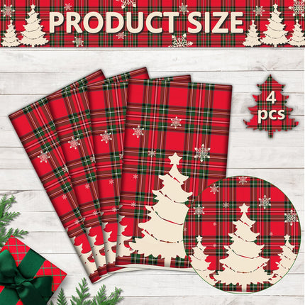 4 Pack Christmas Tablecloths – Buffalo Plaid Checkered Covers with Trees & Snowflakes