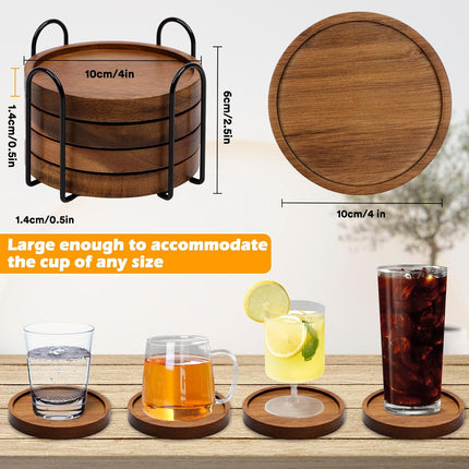 4-Piece Wooden Drink Coasters with Holder – Absorbent Table Protection Set