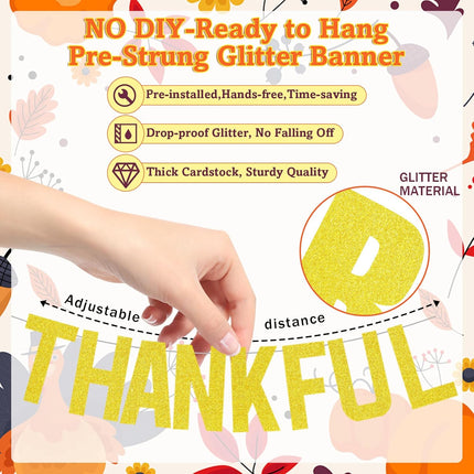 Thankful for You Banner, Gold Glitter Friendsgiving & Thanksgiving Party Decor