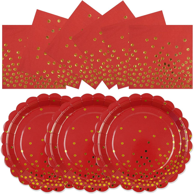 50PCS Red & Gold Dot Dinnerware – Disposable Plates & Napkins for Parties