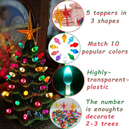 Ceramic Christmas Tree Replacement Bulbs Set – 117 Multicolor Lights + 5 Star Toppers