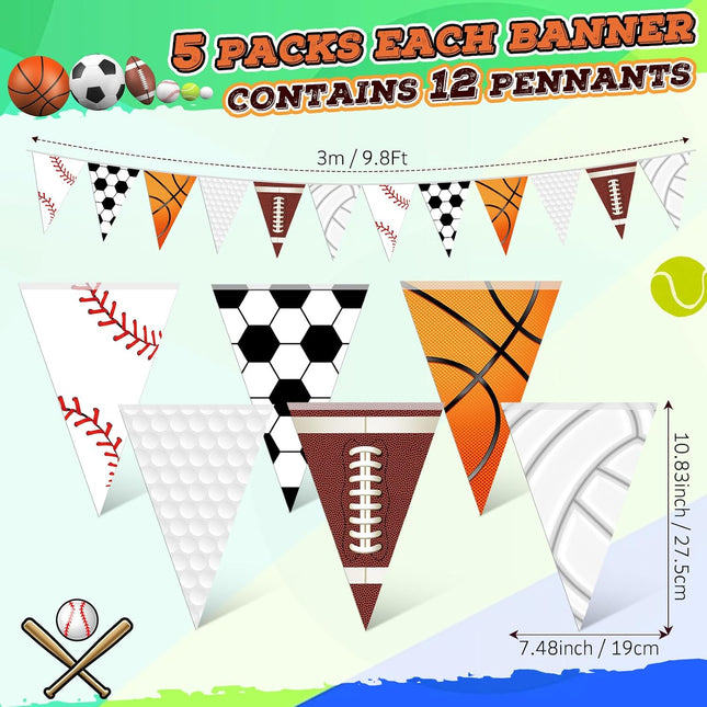 5 Pack Sports Party Banners with 60 Triangle Flags Soccer Football Birthday Decorations