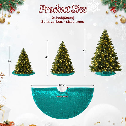 Christmas Tree Skirt, 24" Round – Teal Sequin with Sparkly Small Ornaments for Holiday Parties