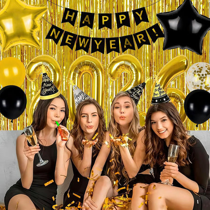 New Year 2026 Decorations Set – 32in Gold Balloons, Fringe Curtains & Banner