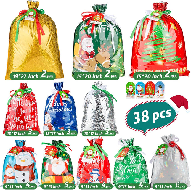 38PC Christmas Drawstring Gift Bags with Tags Assorted Sizes for Holiday Wrapping