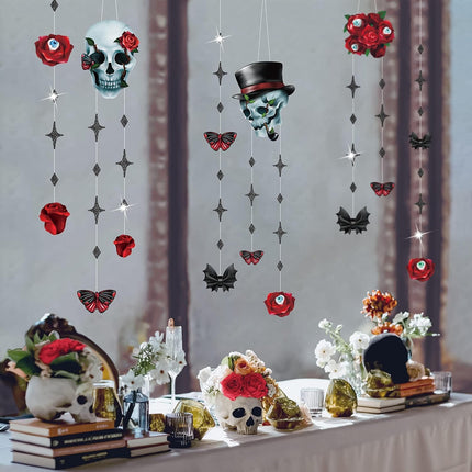 Skull Rose Halloween Garland, Red Rose & Black Skull Gothic Party Hanging Decor