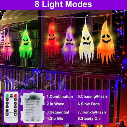 6-Piece 13FT Light-Up Halloween Ghosts with Witch Hats, 8 Modes, Remote Control