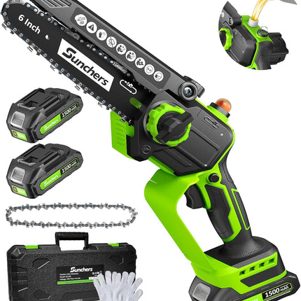 6” Mini Cordless Chainsaw – Electric Handheld Saw with 2 Batteries & Oiler