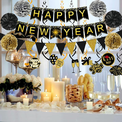 New Year Decorations Banner Pom Poms Triangle Flag Garland Set