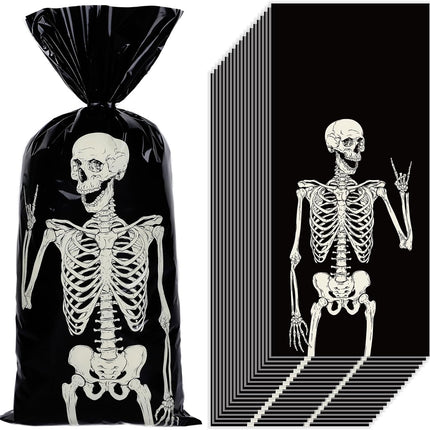 150PCS Halloween Cellophane Gift Bags with 200 Twist Ties, Skeleton Candy Treat Bags