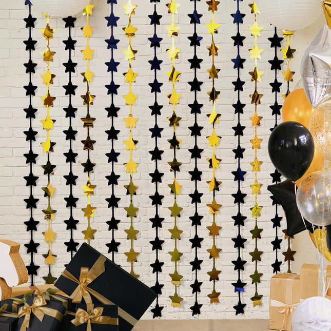 New Year 2026 Party Decorations – 2-Pack Black & Gold Star Fringe Curtains