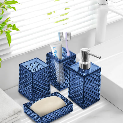 4-Piece Blue Plastic Bathroom Accessories Set Diamond Pattern Soap Dispenser Holder